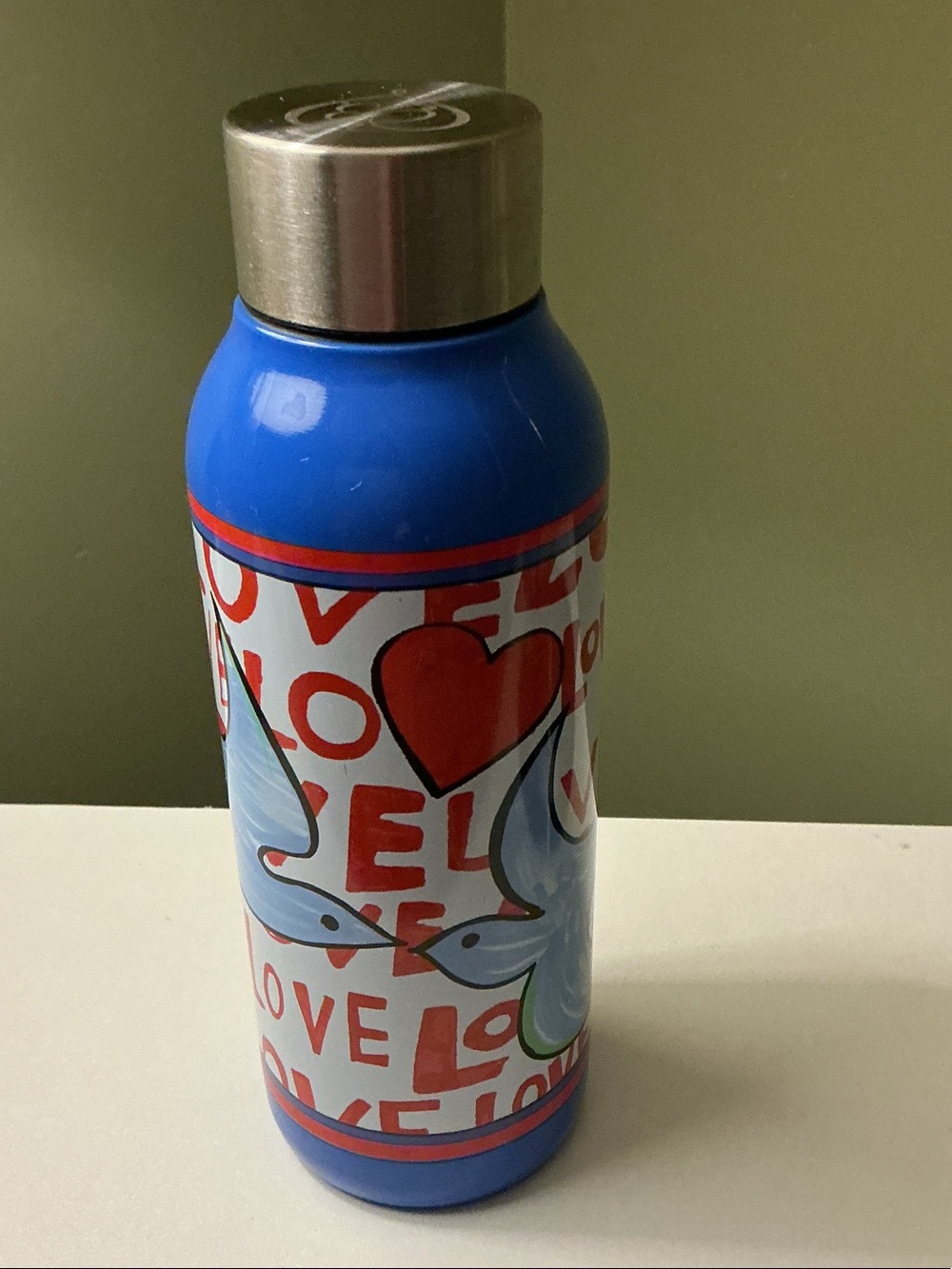 Brighton Blue Water Bottle with Red and White Love Design Birds GUC
